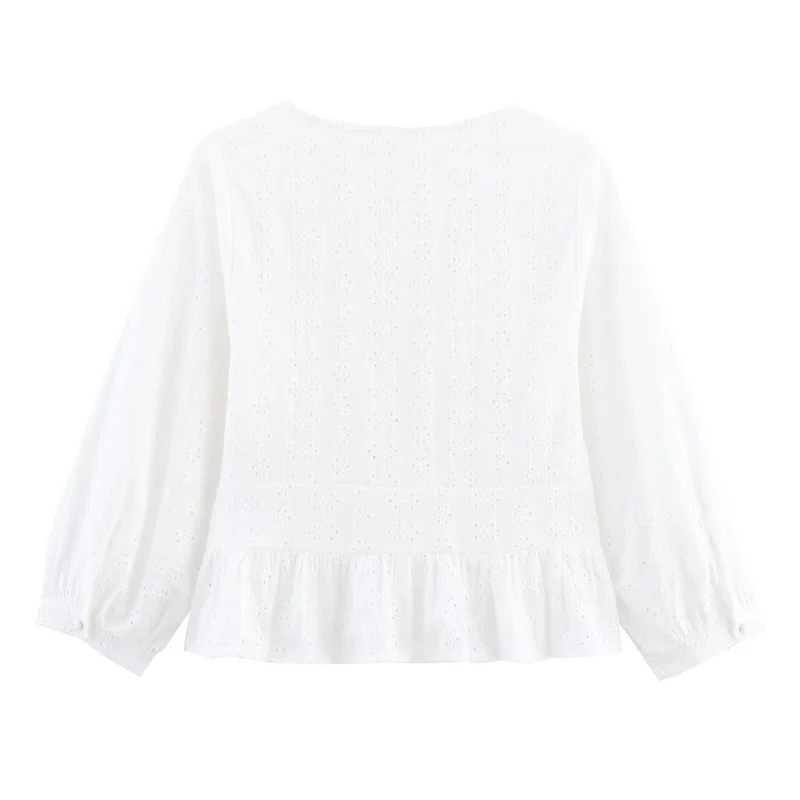 Damen Weiche Broderie-Anglaise-Bluse mit tiefem V‑Ausschnitt, Taillennaht und Volant Drune