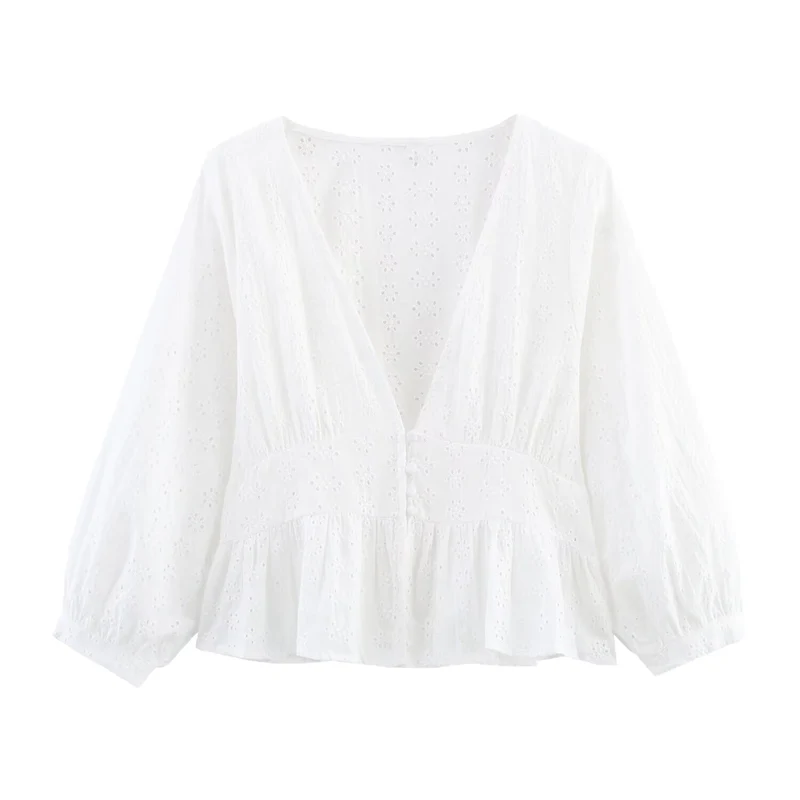 Damen Weiche Broderie-Anglaise-Bluse mit tiefem V‑Ausschnitt, Taillennaht und Volant Drune