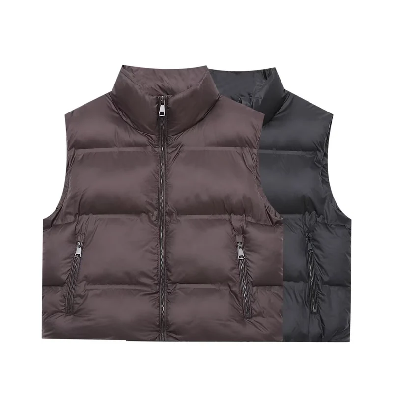 Damen Wattierte Cropped‑Steppweste mit hohem Stehkragen und Reißverschlusstaschen Drune