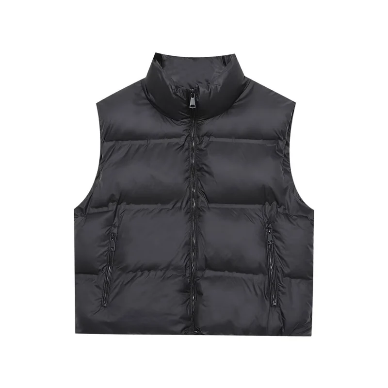 Damen Wattierte Cropped‑Steppweste mit hohem Stehkragen und Reißverschlusstaschen Drune