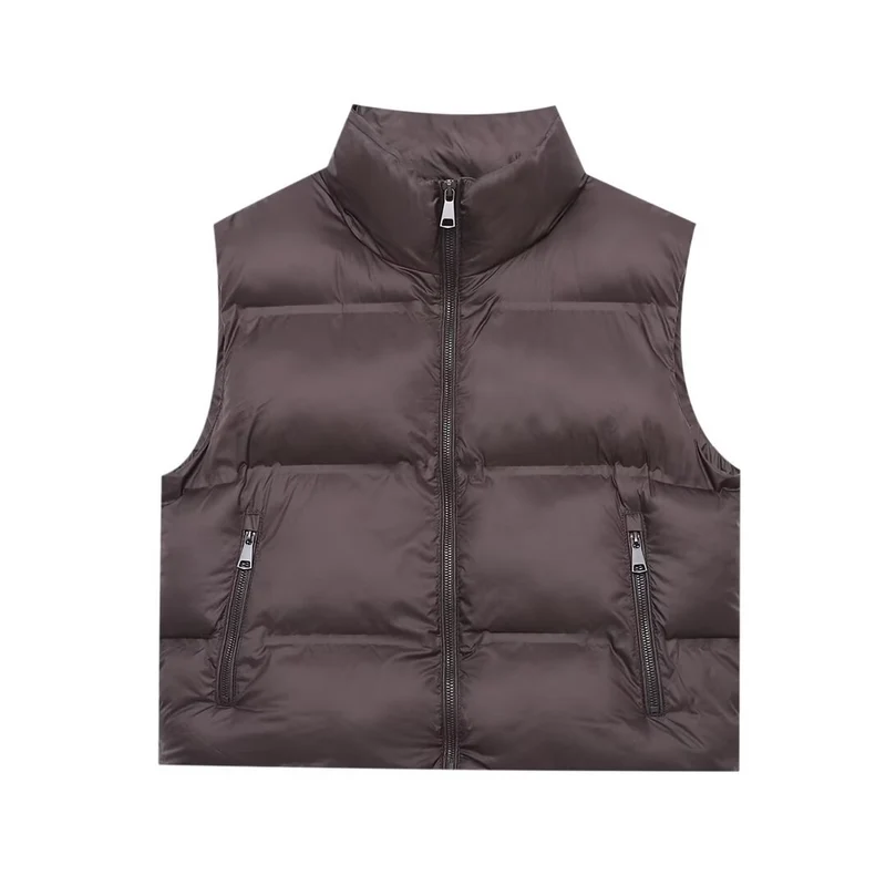 Damen Wattierte Cropped‑Steppweste mit hohem Stehkragen und Reißverschlusstaschen Drune
