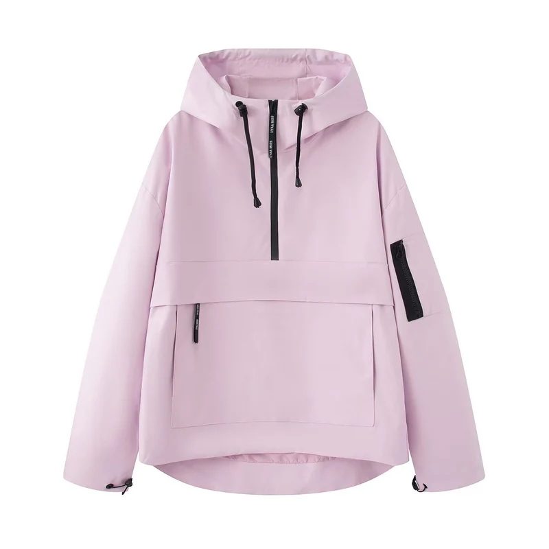 Damen wasserdichter Oversized Anorak mit Kapuze, halbem Reißverschluss und Kängurutasche Drune