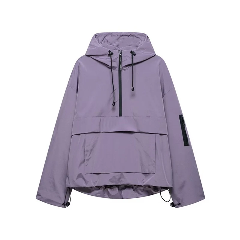 Damen wasserdichter Oversized Anorak mit Kapuze, halbem Reißverschluss und Kängurutasche Drune