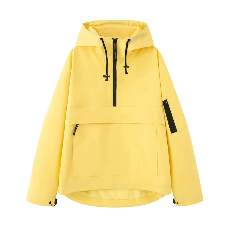 Damen wasserdichter Oversized Anorak mit Kapuze, halbem Reißverschluss und Kängurutasche Drune