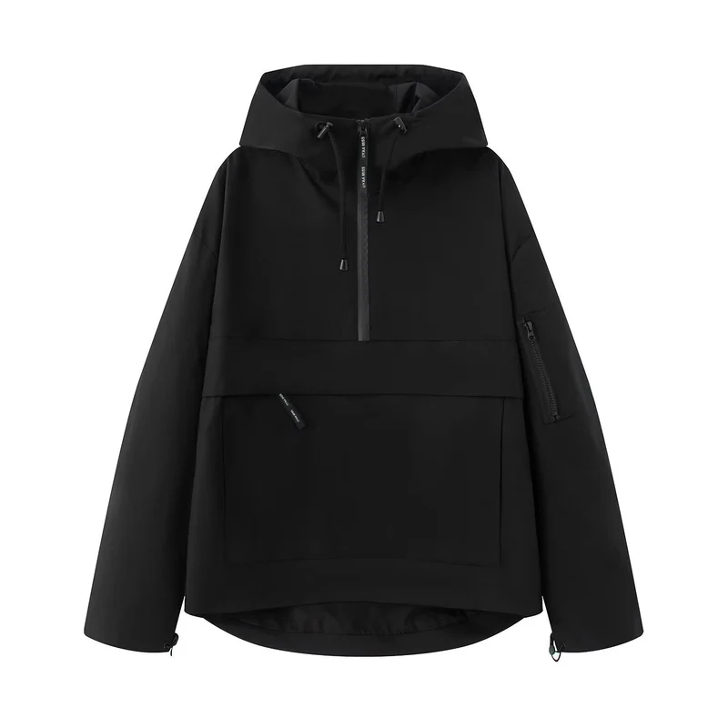 Damen wasserdichter Oversized Anorak mit Kapuze, halbem Reißverschluss und Kängurutasche Drune