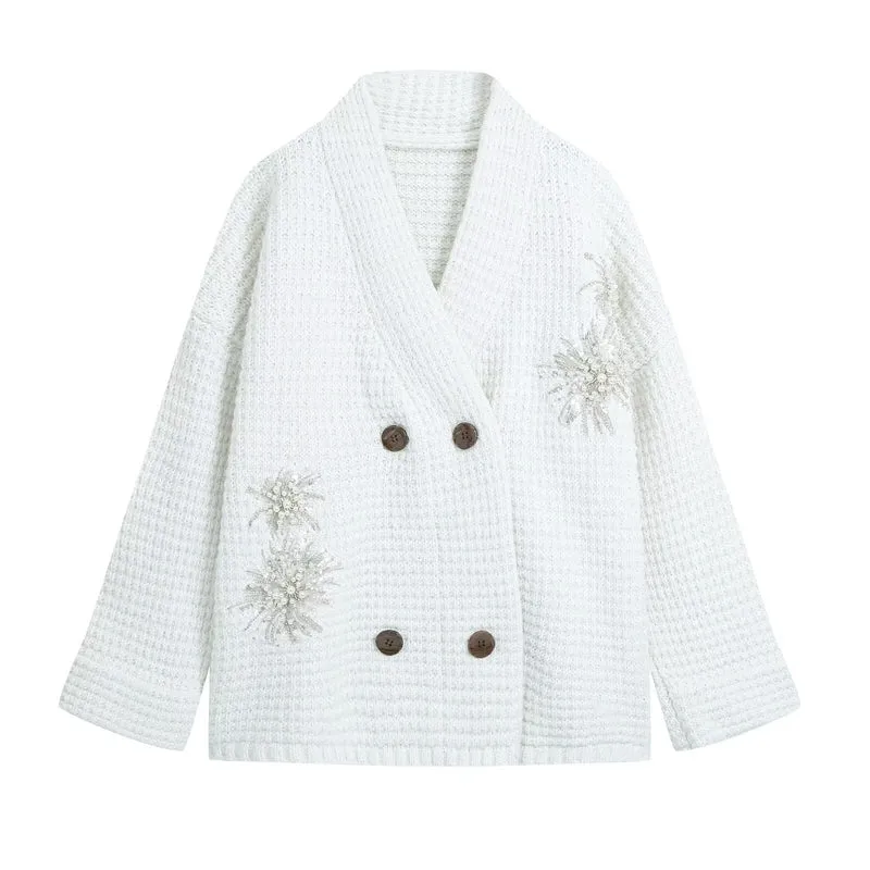 Damen Waffel-Strick-Cardigan mit doppelreihiger Knopfleiste und Schmuckapplikation Drune
