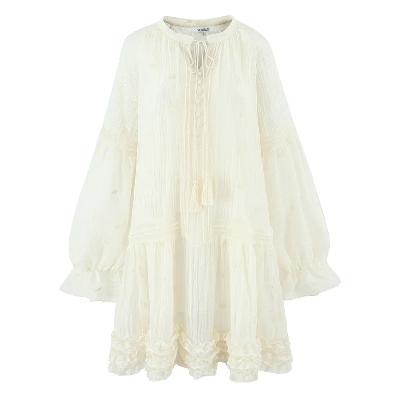 Damen Voluminöses Boho-Minikleid mit Rüschen, Trompetenärmeln und Quastenband Drune