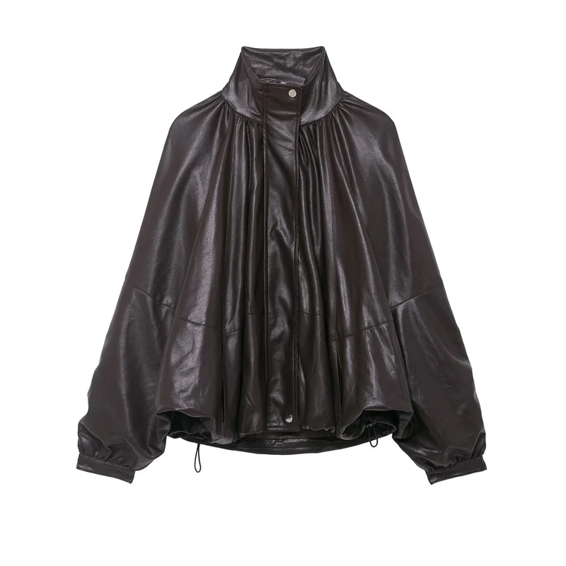 Damen Voluminöse Kunstleder-Capejacke mit hohem Stehkragen und Kordelzug Drune