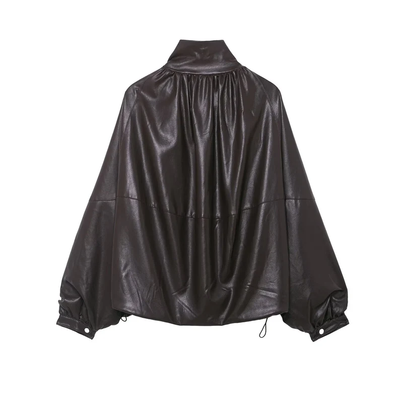 Damen Voluminöse Kunstleder-Capejacke mit hohem Stehkragen und Kordelzug Drune