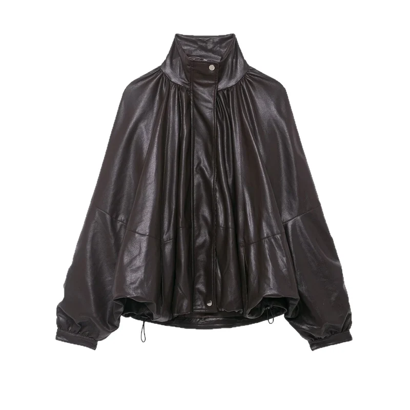 Damen Voluminöse Kunstleder-Capejacke mit hohem Stehkragen und Kordelzug Drune