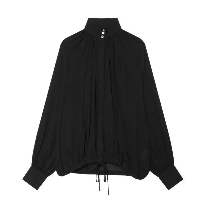 Damen Voluminöse Bluse mit Stehkragen, Raffung und Kordelzug Drune