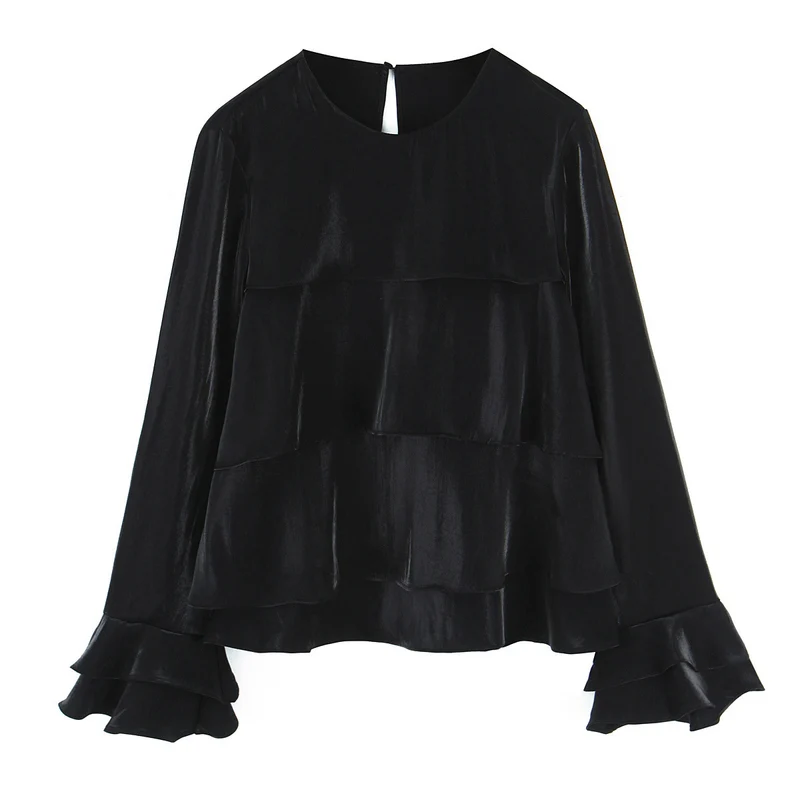 Damen Volantbluse aus Satin mit Stufenrüschen und Glockenärmeln Drune