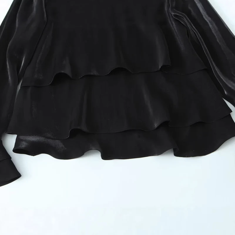 Damen Volantbluse aus Satin mit Stufenrüschen und Glockenärmeln Drune