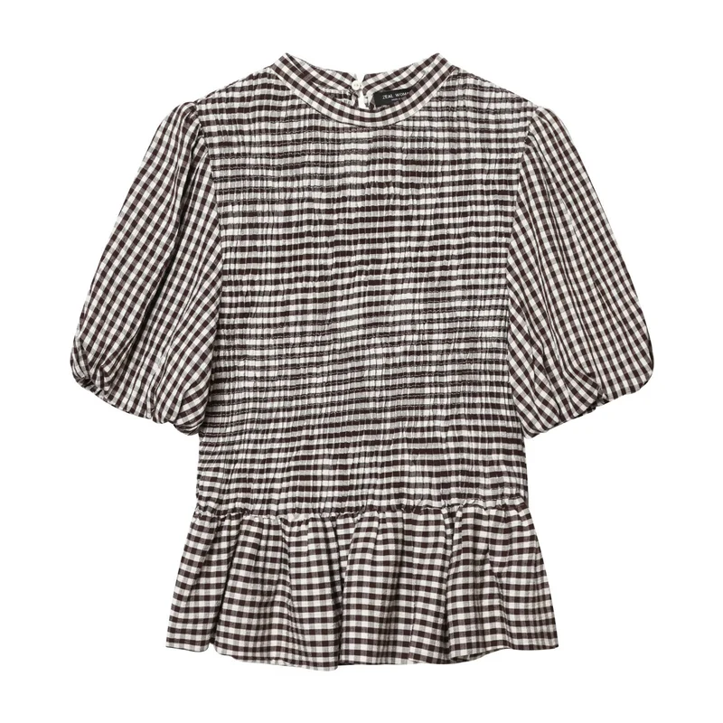 Damen Vichy-Minikleid mit Smokoberteil und Ballonärmeln Drune