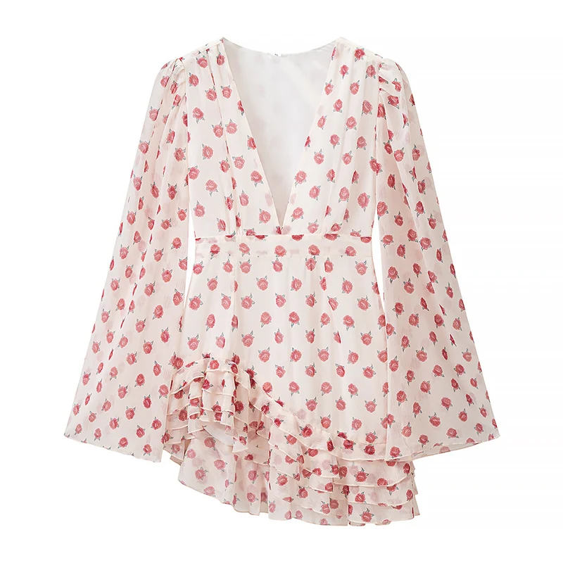 Damen Verspieltes Chiffon-Minikleid mit tiefem V, asymmetrischem Volant-Saum und Glockenärmeln Drune