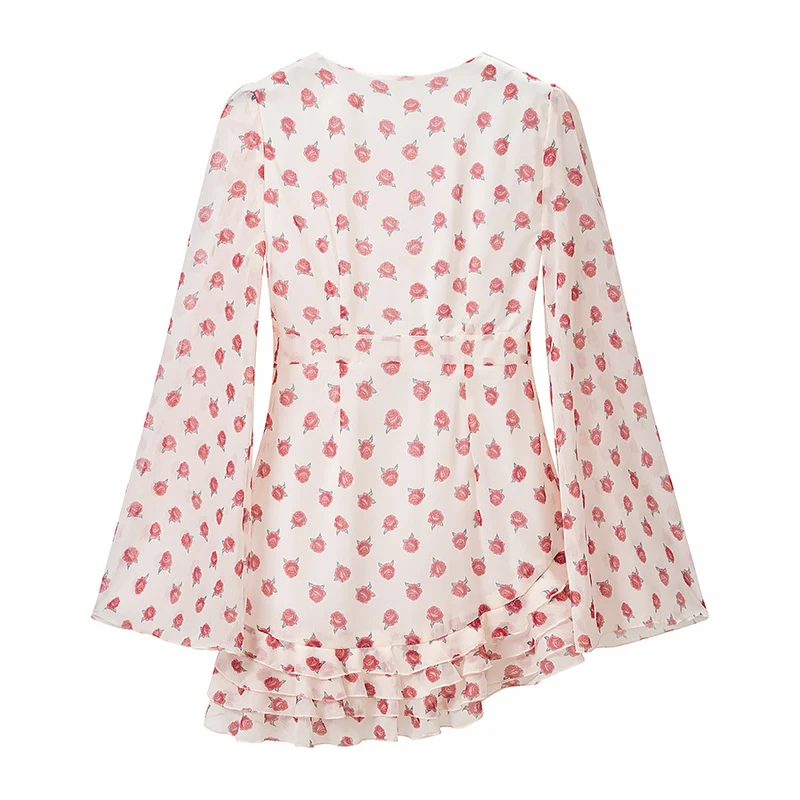 Damen Verspieltes Chiffon-Minikleid mit tiefem V, asymmetrischem Volant-Saum und Glockenärmeln Drune