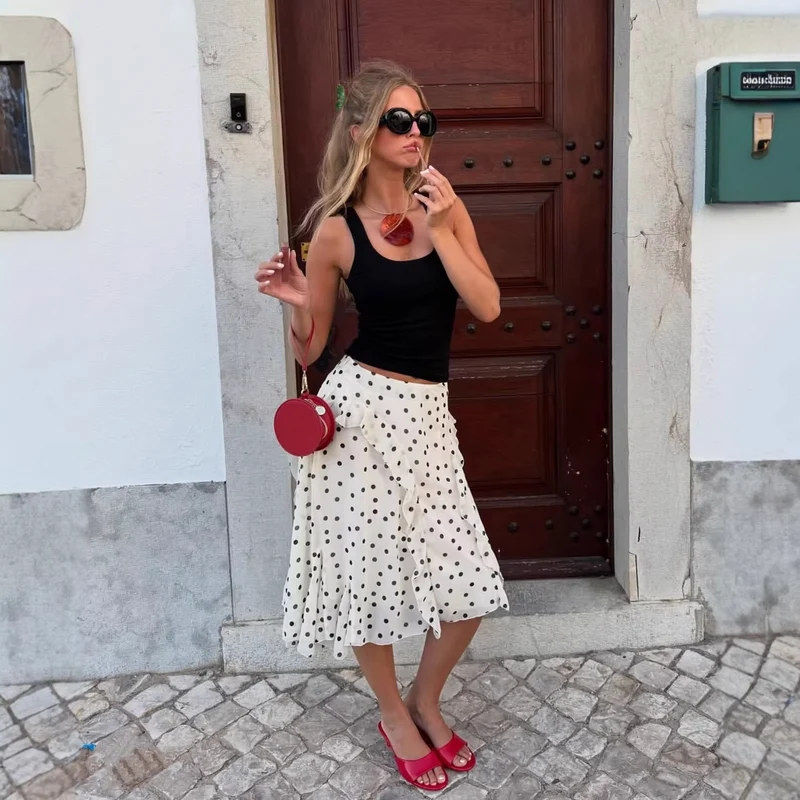 Damen Verspielter Midirock mit Wickeloptik Volants und Polka‑Dot‑Print Drune