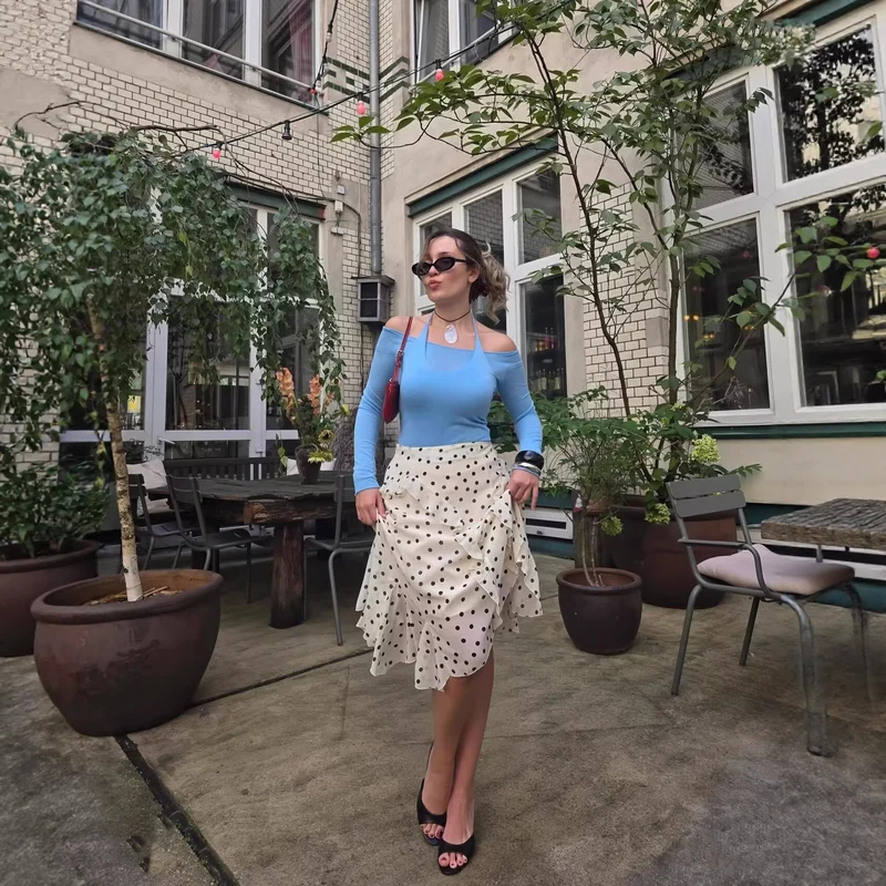 Damen Verspielter Midirock mit Wickeloptik Volants und Polka‑Dot‑Print Drune