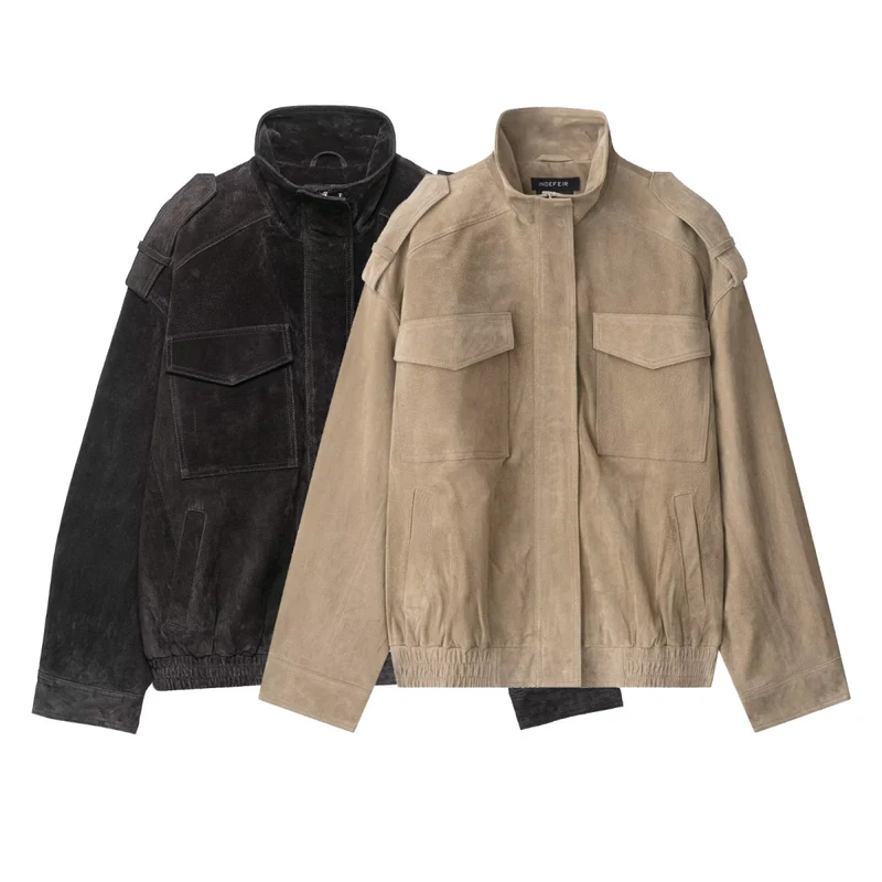 Damen Veloursleder-Bomberjacke mit Schulterpatten und aufgesetzten Brusttaschen Drune