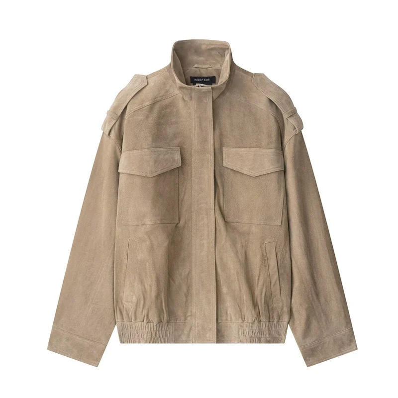 Damen Veloursleder-Bomberjacke mit Schulterpatten und aufgesetzten Brusttaschen Drune