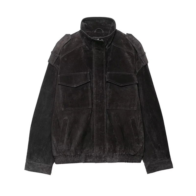 Damen Veloursleder-Bomberjacke mit Schulterpatten und aufgesetzten Brusttaschen Drune