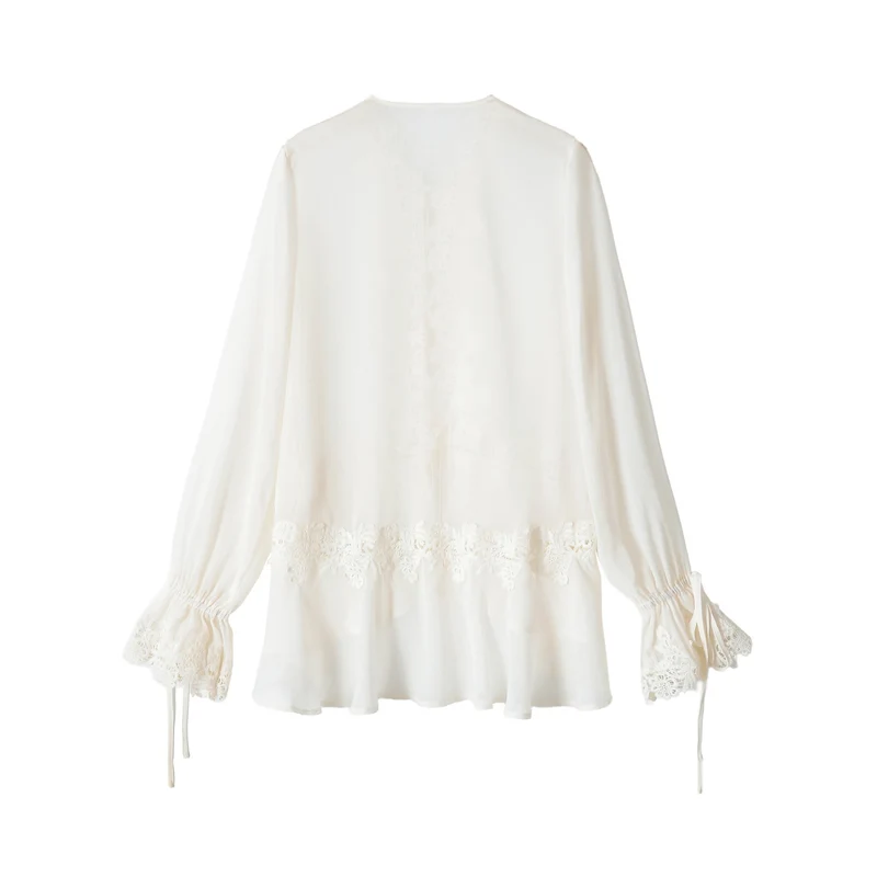 Damen Tunika-Bluse mit Spitzenapplikation, Bindebändern und Volantsaum Drune