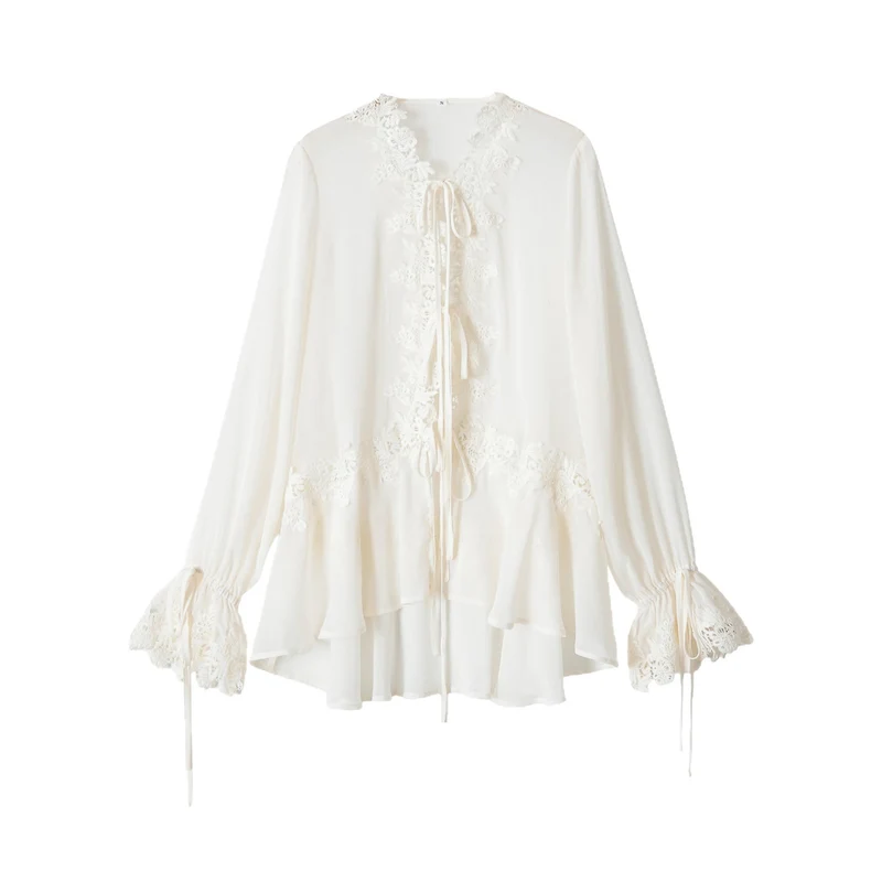 Damen Tunika-Bluse mit Spitzenapplikation, Bindebändern und Volantsaum Drune