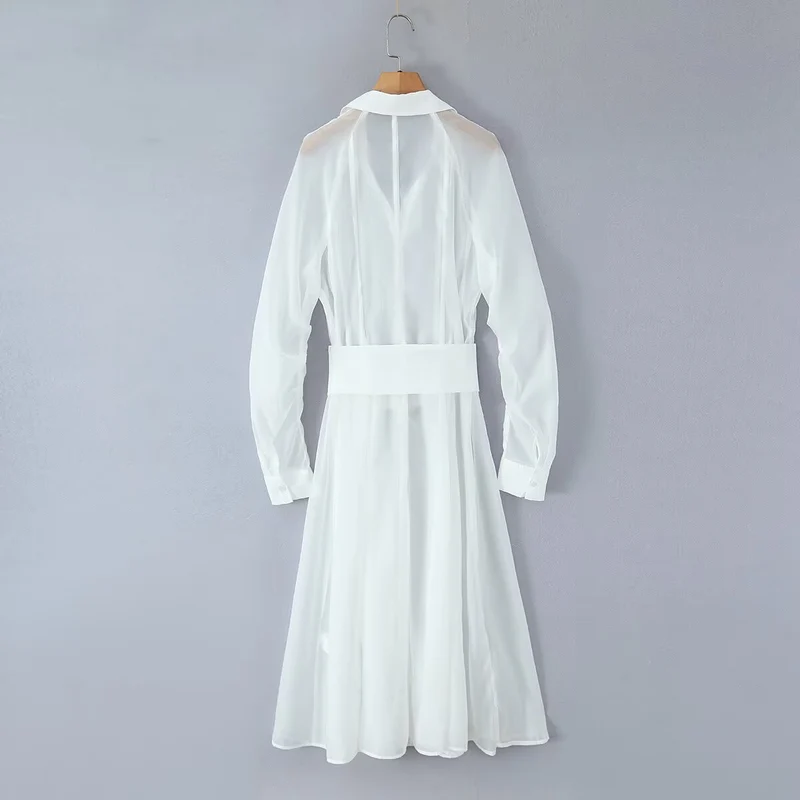 Damen Transparentes Hemdblusenkleid mit weitem Taillengürtel und Volantrock Drune