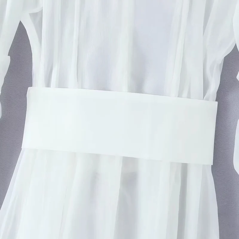 Damen Transparentes Hemdblusenkleid mit weitem Taillengürtel und Volantrock Drune