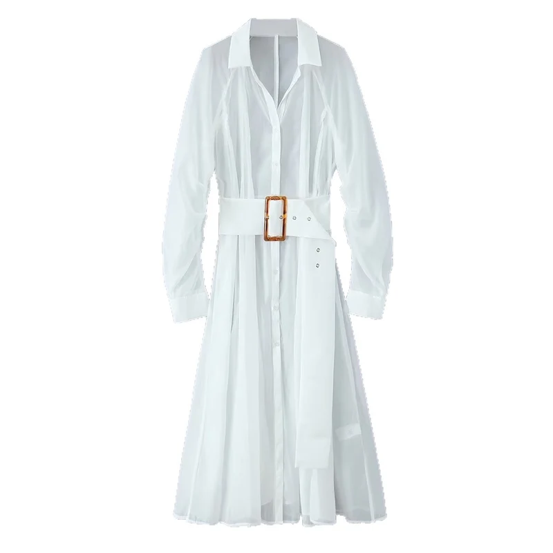 Damen Transparentes Hemdblusenkleid mit weitem Taillengürtel und Volantrock Drune