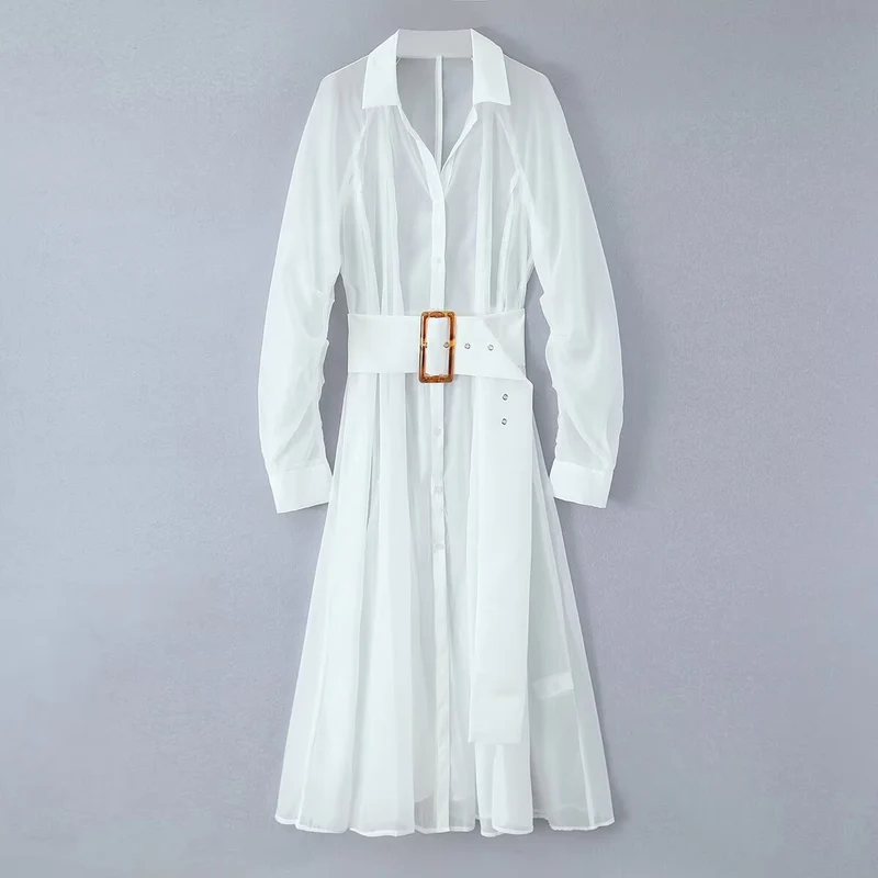 Damen Transparentes Hemdblusenkleid mit weitem Taillengürtel und Volantrock Drune