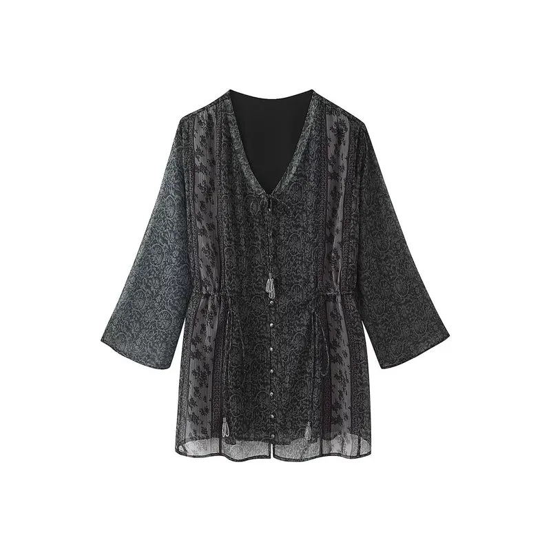 Damen Transparentes Boho-Tunika-Kleid mit V-Ausschnitt, Kordelzug und Quasten Drune