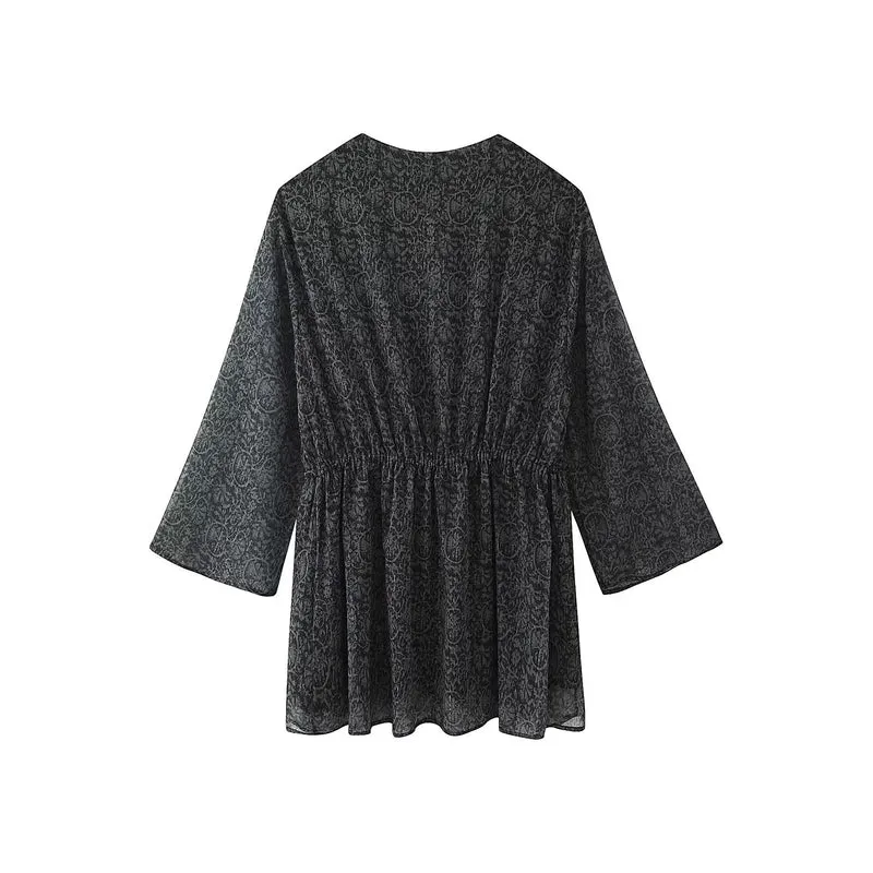 Damen Transparentes Boho-Tunika-Kleid mit V-Ausschnitt, Kordelzug und Quasten Drune