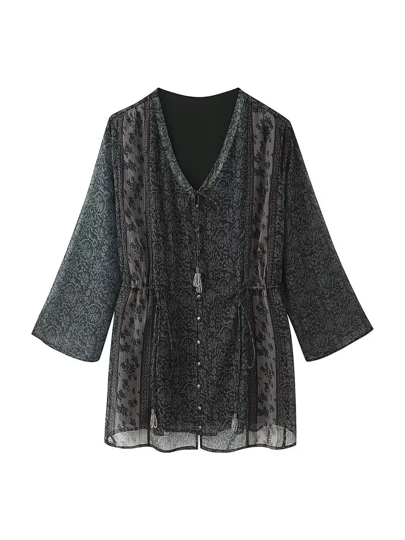 Damen Transparentes Boho-Tunika-Kleid mit V-Ausschnitt, Kordelzug und Quasten Drune