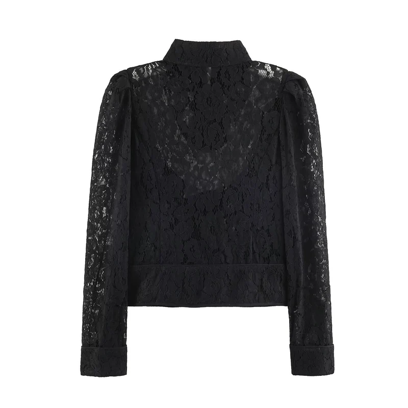 Damen Transparente Spitzenbluse mit Stehkragen, Puffärmeln und Manschetten Drune