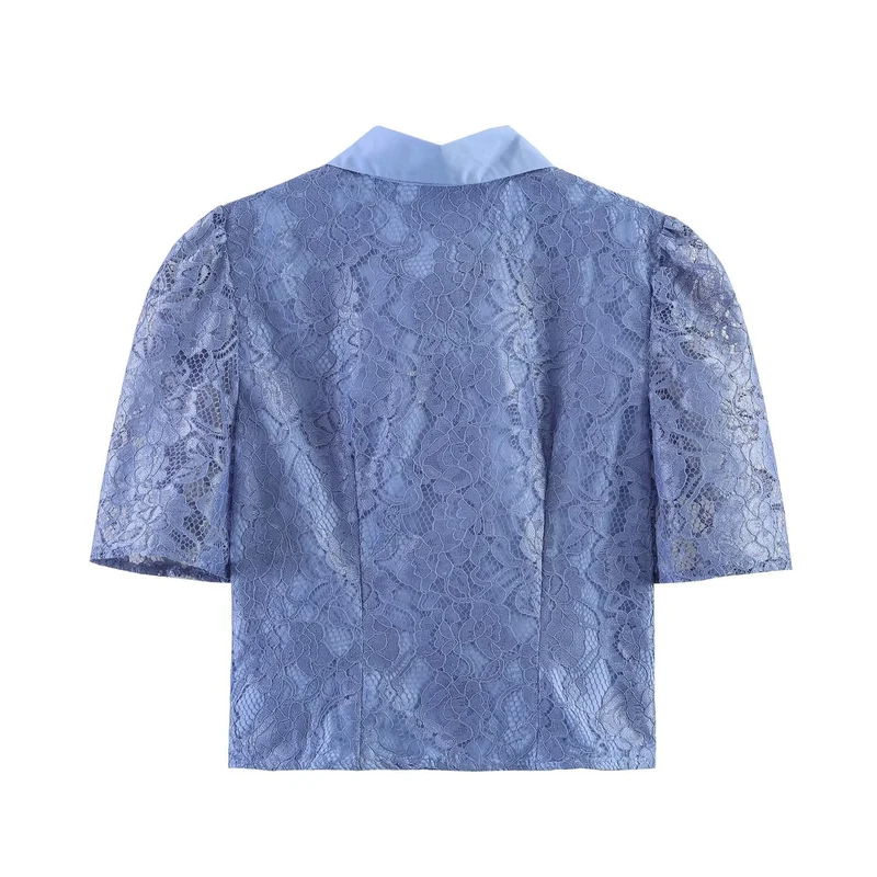 Damen Transparente Spitzenbluse mit Hemdkragen und Puffärmeln Drune