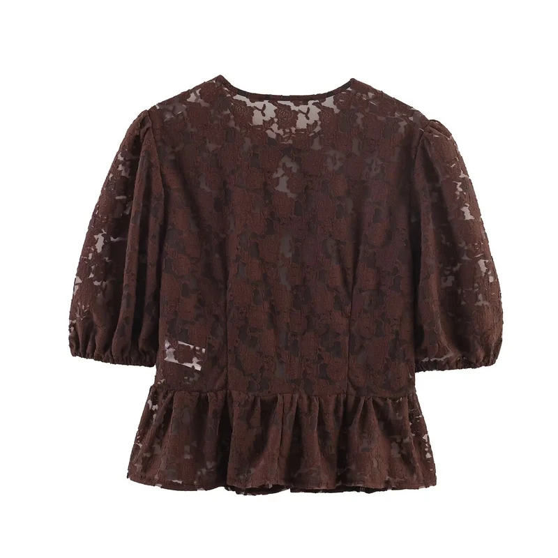 Damen Transparente Spitzenbluse mit frontalen Bindebändern und Volant‑Saum Drune