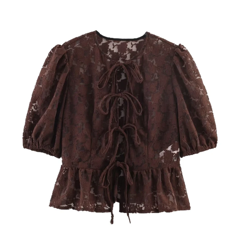 Damen Transparente Spitzenbluse mit frontalen Bindebändern und Volant‑Saum Drune
