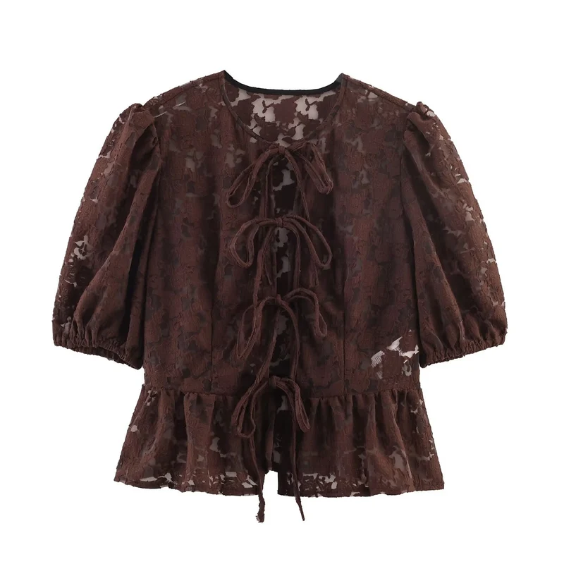 Damen Transparente Spitzenbluse mit frontalen Bindebändern und Volant‑Saum Drune
