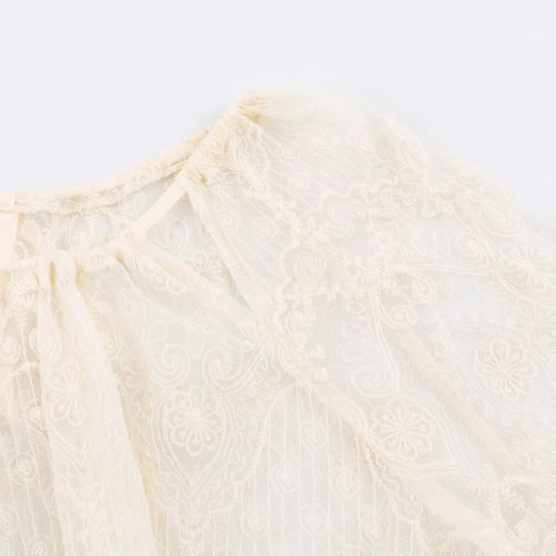 Damen Transparente Spitzenbluse im Peasant‑Stil mit Ballonärmeln Drune