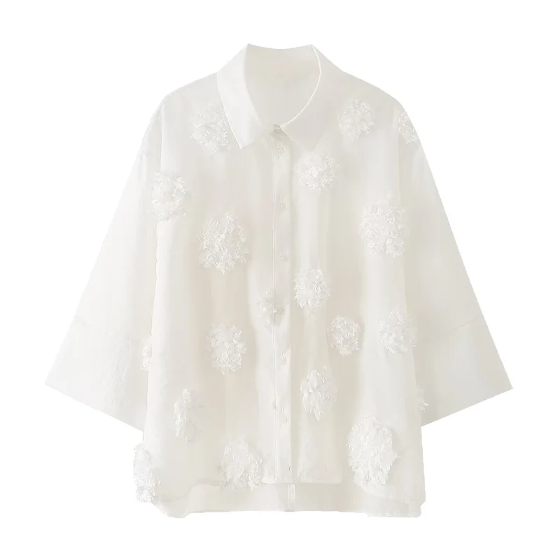 Damen Transparente Oversize‑Bluse mit 3D‑Blütenapplikationen und Hemdkragen Drune