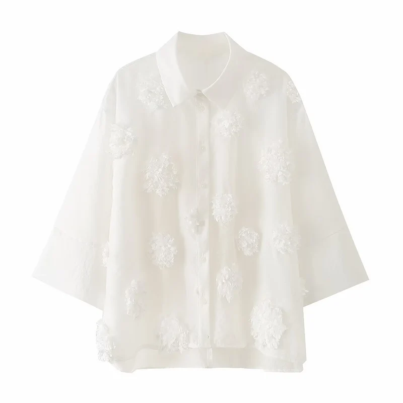 Damen Transparente Oversize‑Bluse mit 3D‑Blütenapplikationen und Hemdkragen Drune