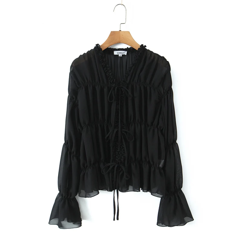 Damen Transparente Chiffonbluse mit Rüschenbindern, Stufenschnitt und Taillenraffung Drune