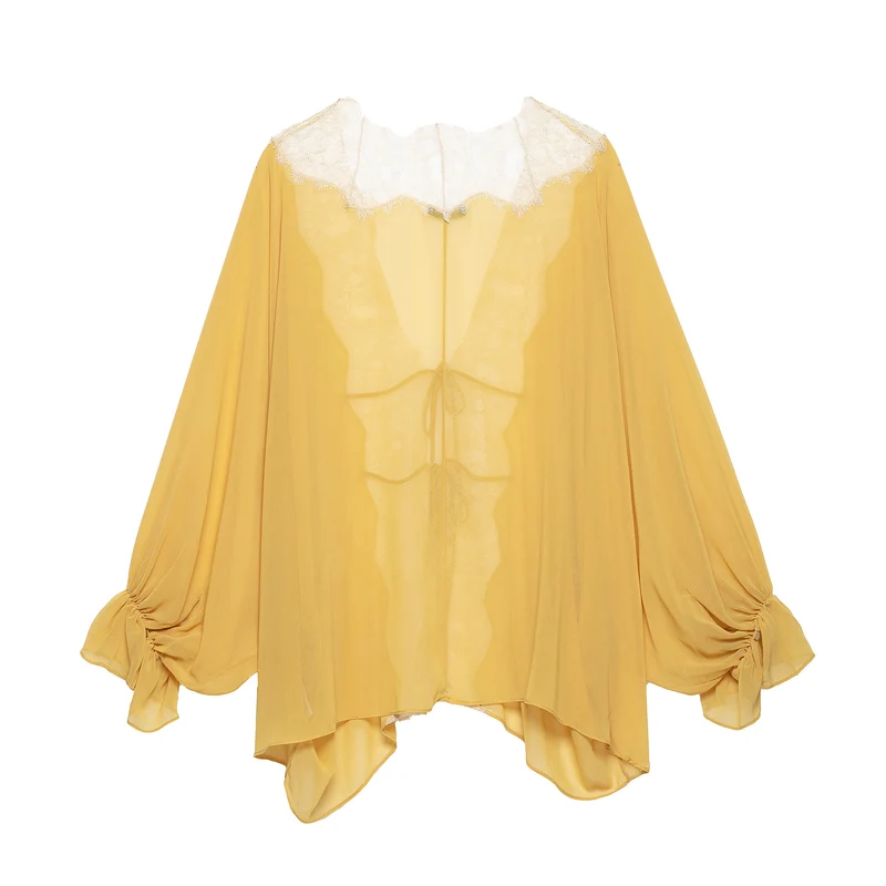 Damen Transparente Chiffon-Überwurfbluse mit Spitzenbesatz und Bindebändern Drune