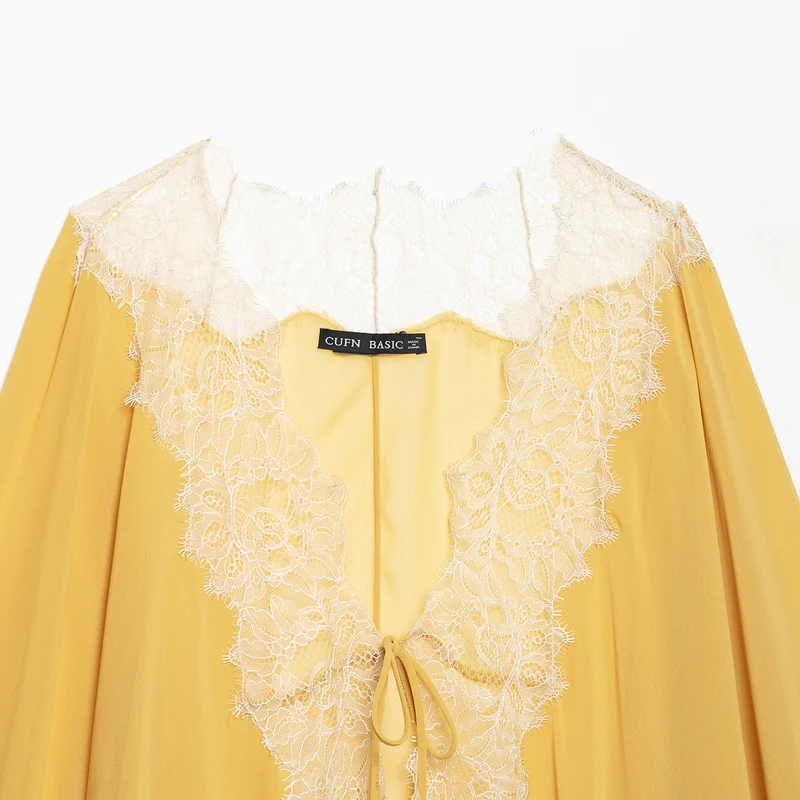 Damen Transparente Chiffon-Überwurfbluse mit Spitzenbesatz und Bindebändern Drune