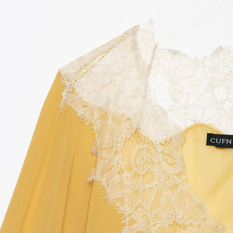 Damen Transparente Chiffon-Überwurfbluse mit Spitzenbesatz und Bindebändern Drune