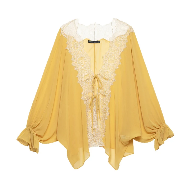 Damen Transparente Chiffon-Überwurfbluse mit Spitzenbesatz und Bindebändern Drune