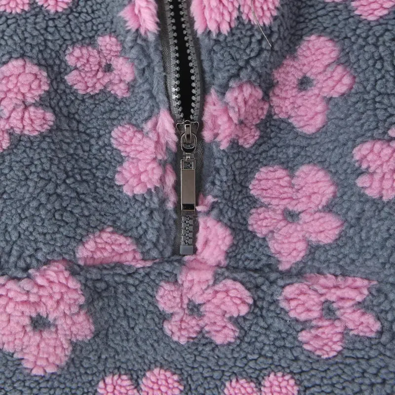 Damen Teddy-Fleece-Overheadjacke mit Stehkragen, Blumenrelief und Halbreißverschluss Drune