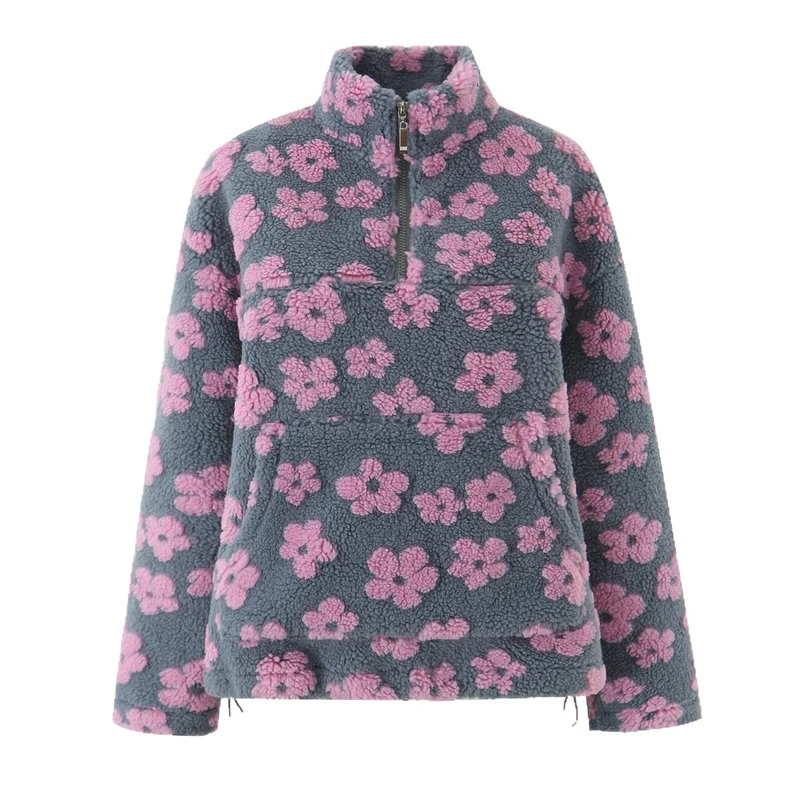 Damen Teddy-Fleece-Overheadjacke mit Stehkragen, Blumenrelief und Halbreißverschluss Drune