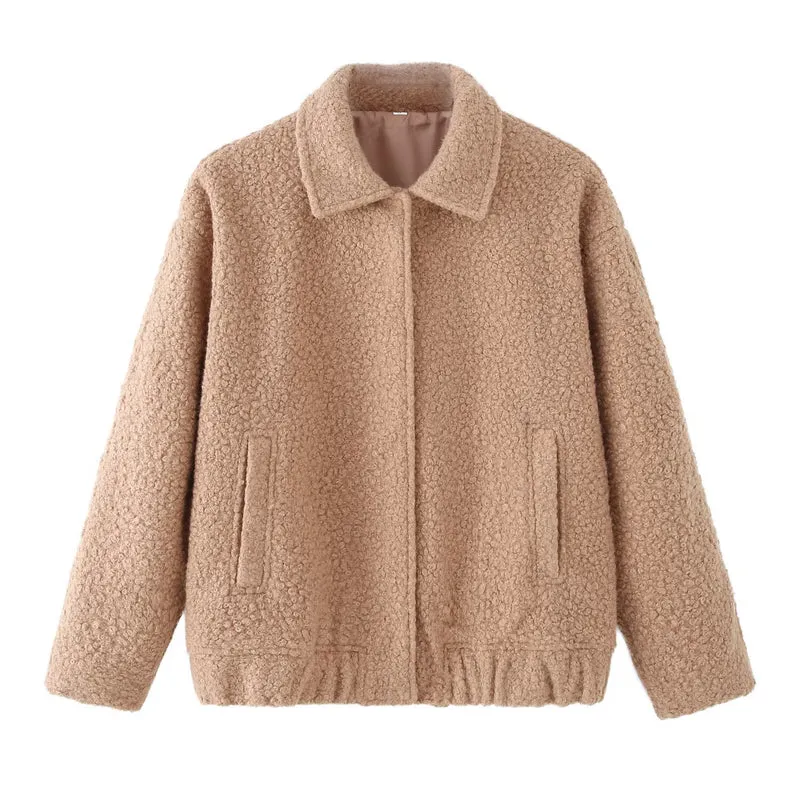 Damen Teddy-Boxy-Jacke mit Hemdkragen, Eingrifftaschen und elastischem Saum Drune